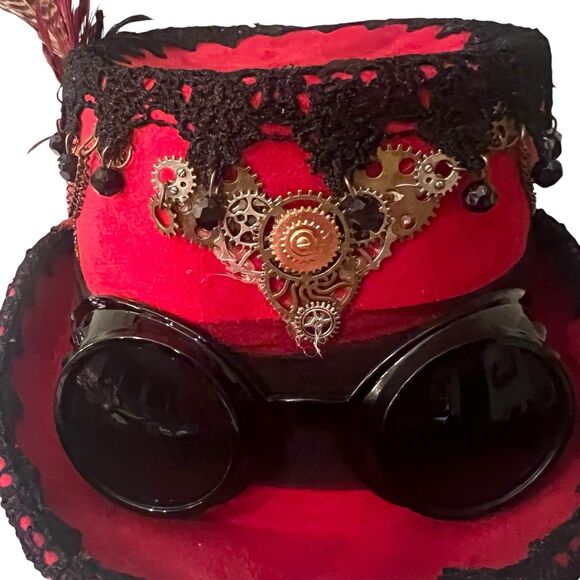 Deluxe Velvet 4.25"H Steampunk Full Size Top Hat Removable Goggles & Feathers - Picture 8 of 8